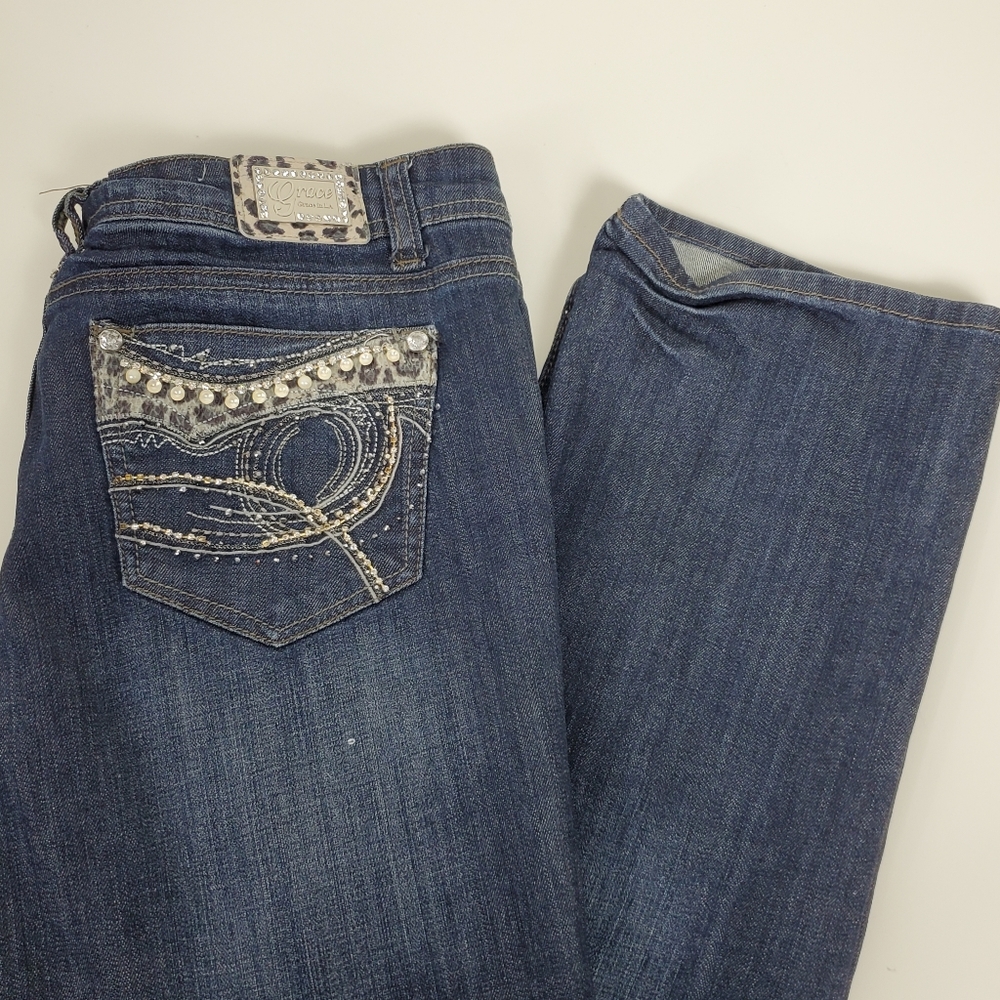 Grace in LA studded pearl embroidered rhinestone bling jeans - Picture 12 of 14